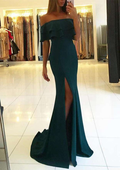 Off-the-Shoulder Short Sleeve Sweep Train Satin Evening Dress With Split