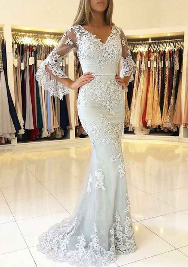 V Neck 3/4 Sleeve Sweep Train Tulle Evening Dress With Waistband Appliqued