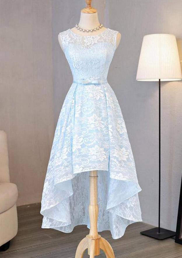 Bateau Sleeveless Asymmetrical Lace Prom Dress With Waistband Bowknot