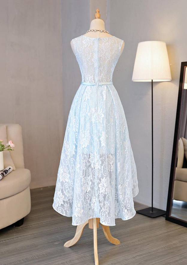 Bateau Sleeveless Asymmetrical Lace Prom Dress With Waistband Bowknot