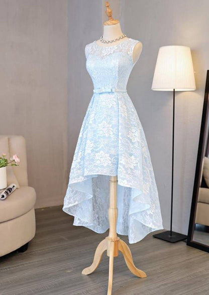 Bateau Sleeveless Asymmetrical Lace Prom Dress With Waistband Bowknot