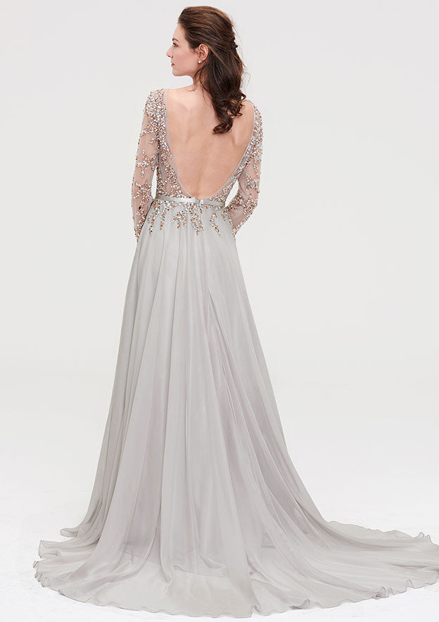 Bateau Full/Long Sleeve Court Train Chiffon Prom Dress With Beading