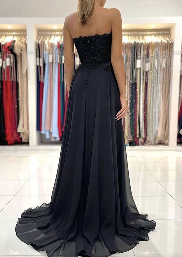 Sweetheart Sweep Train Chiffon Prom Dress With Lace Beading Split