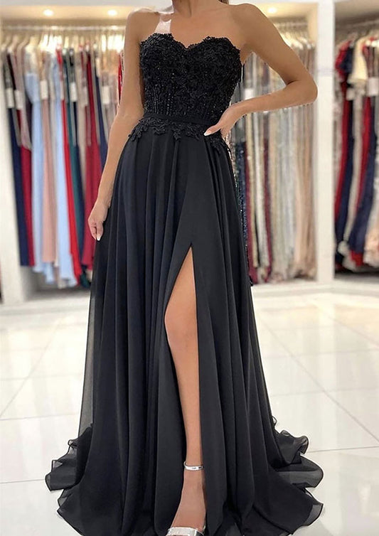 Sweetheart Sweep Train Chiffon Prom Dress With Lace Beading Split