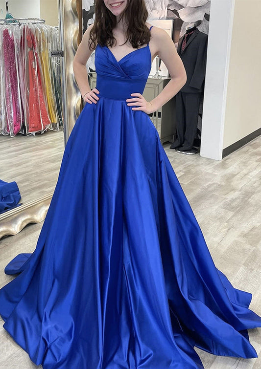 V Neck Sleeveless Court Train Satin Prom Dress With Bowknot Pleated Waistband