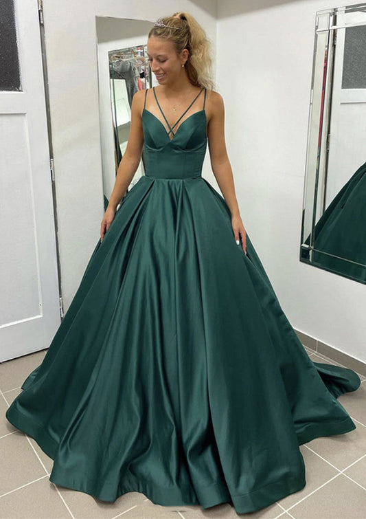 Sleeveless Scalloped Neck Sweep Train Satin Prom Dress With Pleated Pockets