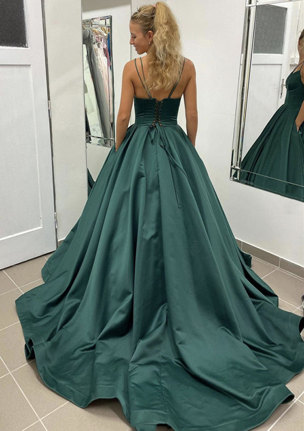 Sleeveless Scalloped Neck Sweep Train Satin Prom Dress With Pleated Pockets