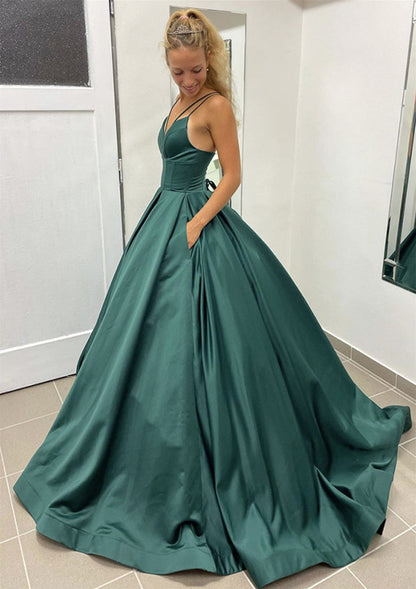 Sleeveless Scalloped Neck Sweep Train Satin Prom Dress With Pleated Pockets