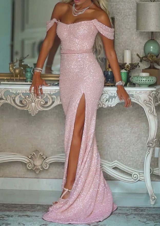 Off-the-Shoulder Sweep Train Shimmer Sequined Prom Dress With Sashes Split