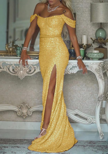 Off-the-Shoulder Sweep Train Shimmer Sequined Prom Dress With Sashes Split