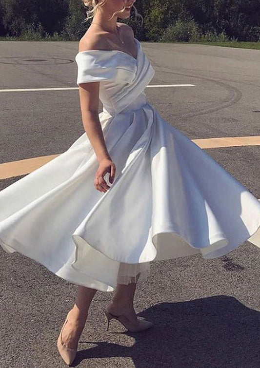 Off-the-Shoulder Short Sleeve Satin Tea-Length Homecoming Dress With Pleated Ruffles