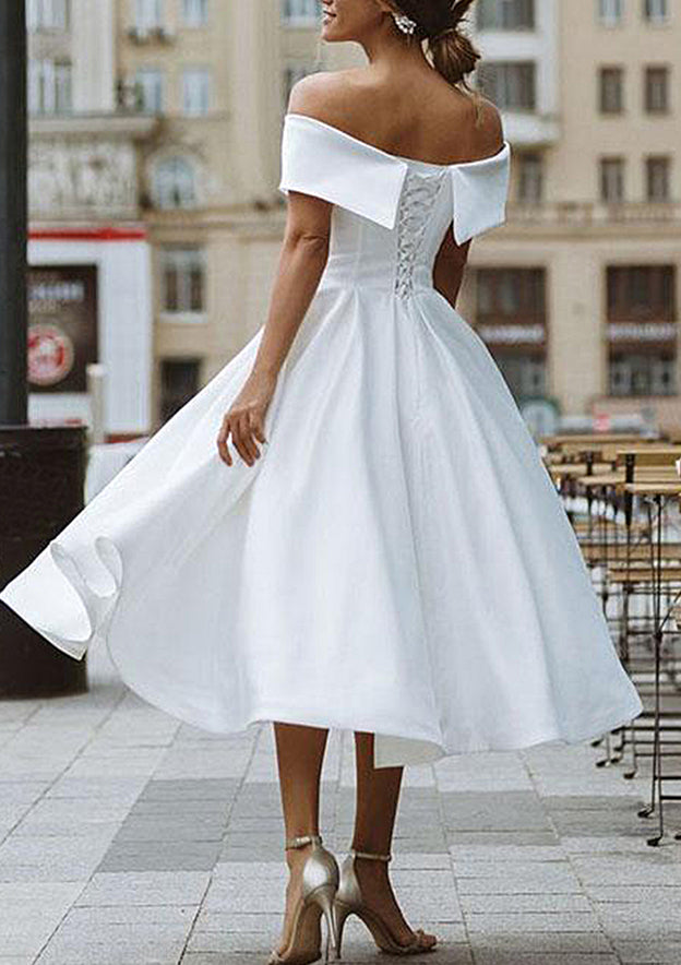 Off-the-Shoulder Short Sleeve Satin Tea-Length Homecoming Dress With Pleated Ruffles