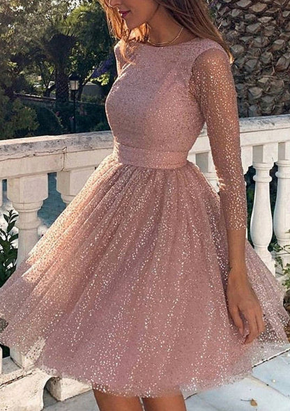 Neck Full/Long Sleeve Metallic Yarn Short/Mini Homecoming Dress With Glitter