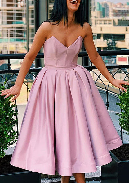 Sweetheart Tea-Length Satin Homecoming Dress With Ruffles