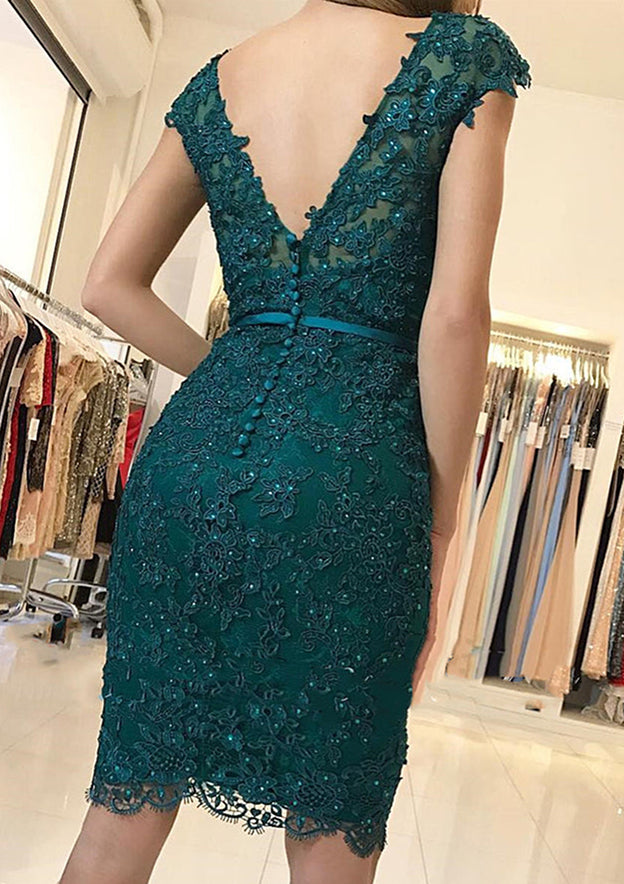 V Neck Sleeveless Lace Knee-Length Homecoming Dress With Beading