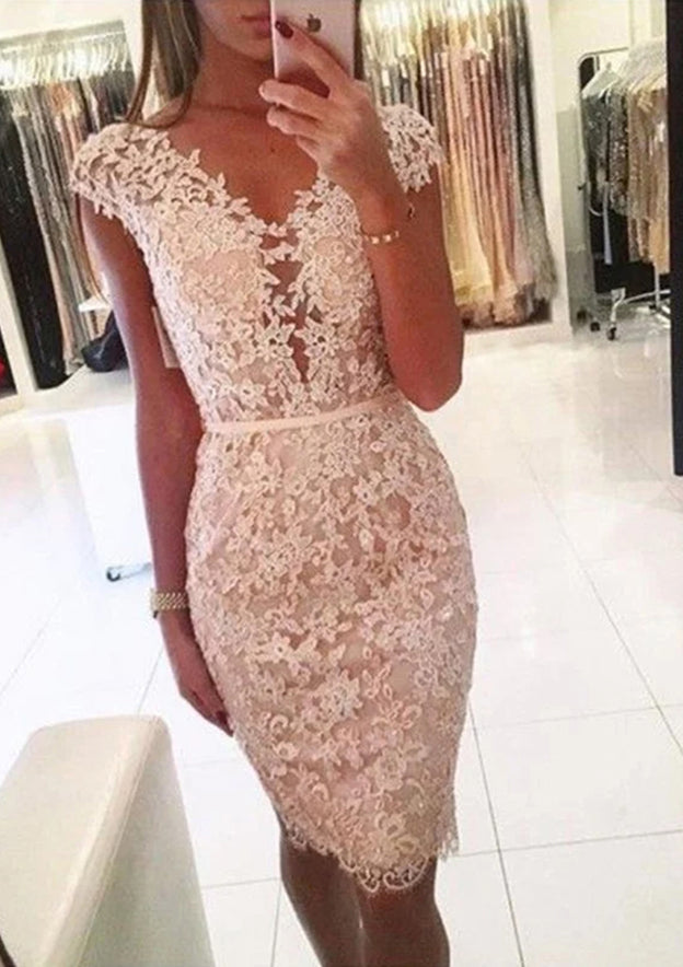 V Neck Sleeveless Lace Knee-Length Homecoming Dress With Beading