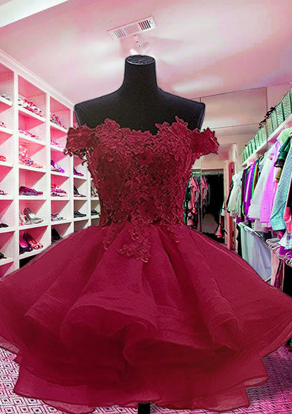 Off-the-Shoulder Sleeveless Organza Short/Mini Homecoming Dress With Appliqued Beading Lace