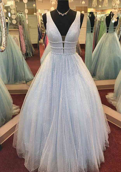 V Neck Long/Floor-Length Tulle GlitterProm Dress With Beading