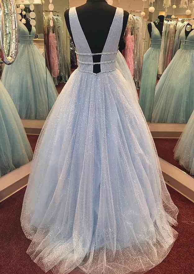 V Neck Long/Floor-Length Tulle GlitterProm Dress With Beading