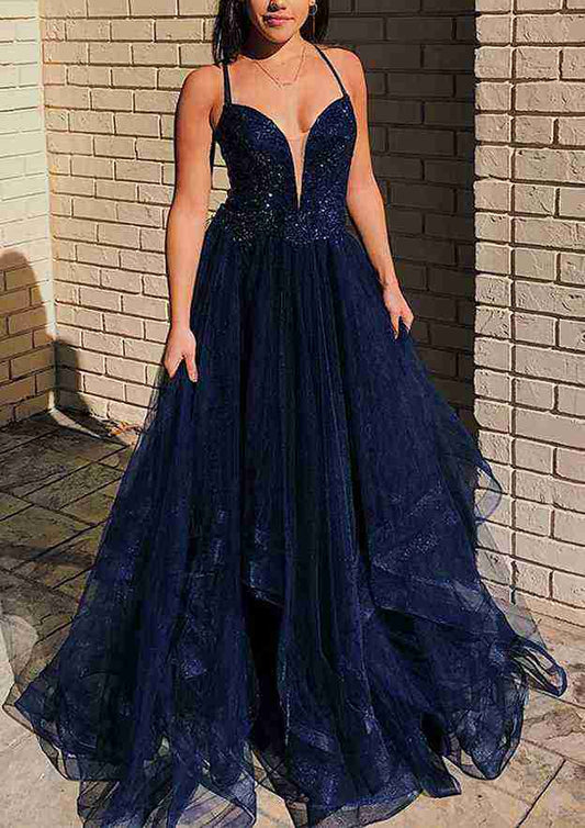 V Neck Sleeveless Tulle Sweep Train Prom Dress With Appliqued Beading