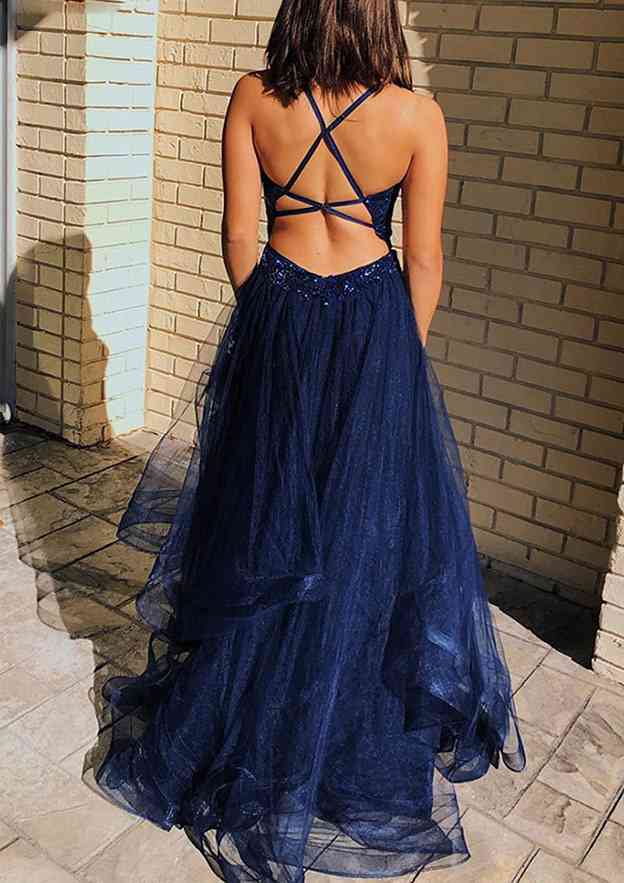 V Neck Sleeveless Tulle Sweep Train Prom Dress With Appliqued Beading