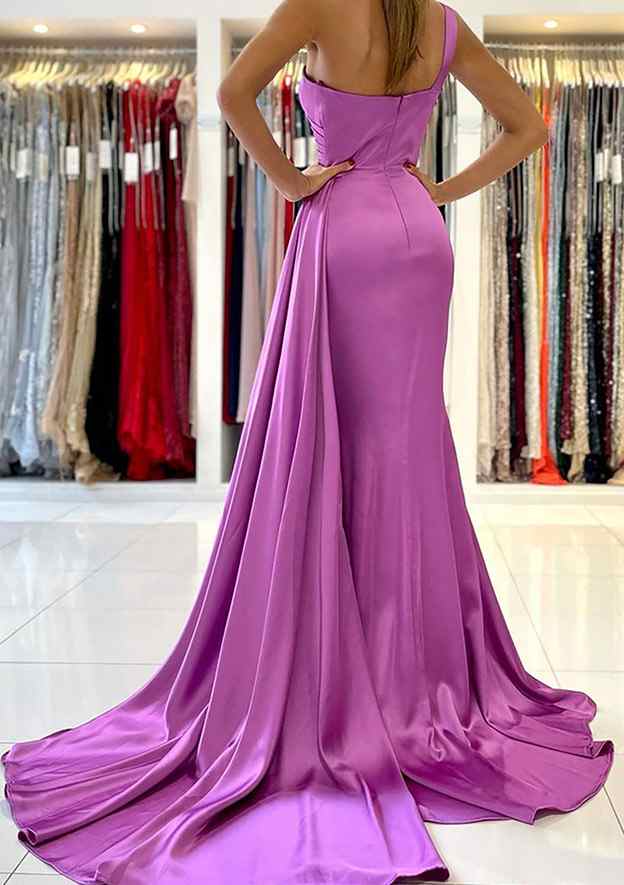 One-Shoulder Sleeveless Sweep Train Satin Prom Dress With Pleated