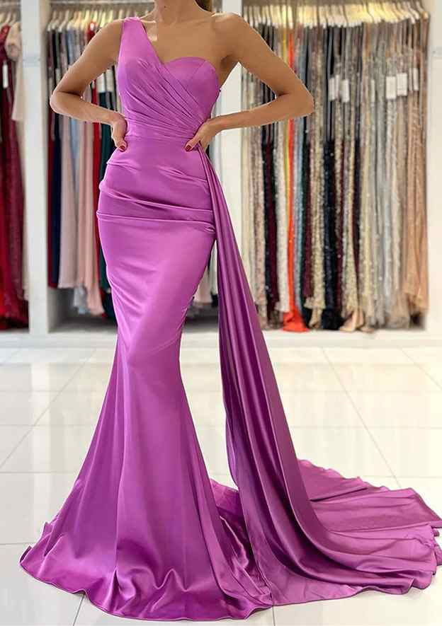 One-Shoulder Sleeveless Sweep Train Satin Prom Dress With Pleated