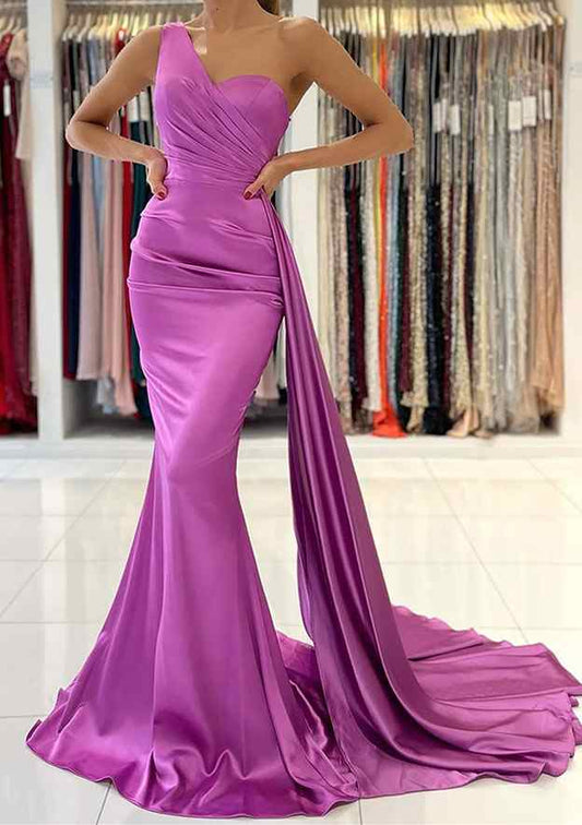 One-Shoulder Sleeveless Sweep Train Satin Prom Dress With Pleated