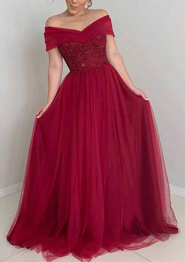 Off-the-Shoulder Sleeveless Long/Floor-Length Tulle Prom Dress With Sequins Appliqued