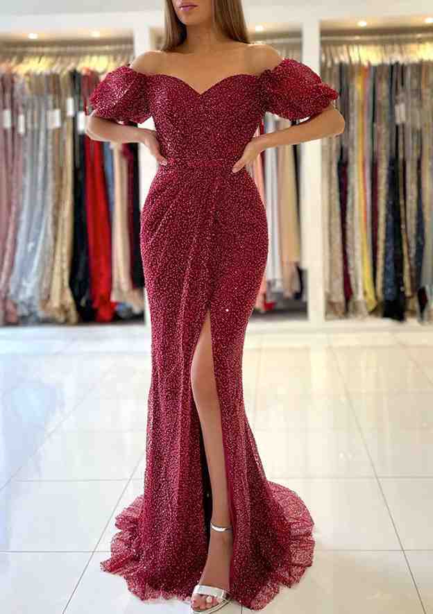 Off-the-Shoulder Short Sleeve Sweep Train Metallic Yarn Prom Dress With Sequins