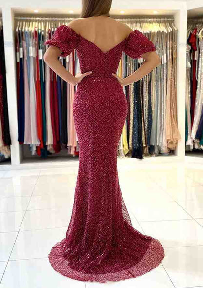 Off-the-Shoulder Short Sleeve Sweep Train Metallic Yarn Prom Dress With Sequins