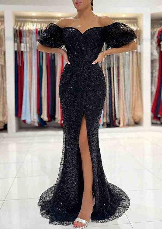 Off-the-Shoulder Short Sleeve Sweep Train Metallic Yarn Prom Dress With Sequins