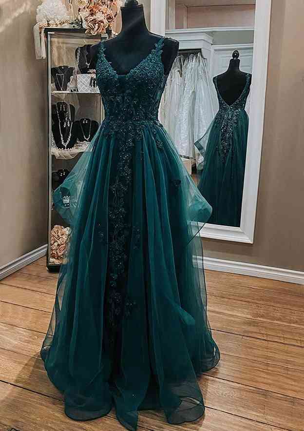 V Neck Sleeveless Lace Tulle Long/Floor-Length Prom Dress With Beading