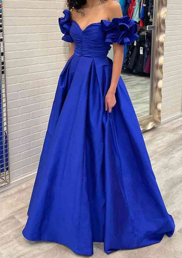 Off-the-Shoulder Short Sleeve Taffeta Sweep Train Prom Dress With Pleated Ruffles