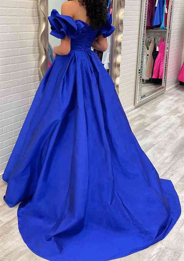 Off-the-Shoulder Short Sleeve Taffeta Sweep Train Prom Dress With Pleated Ruffles