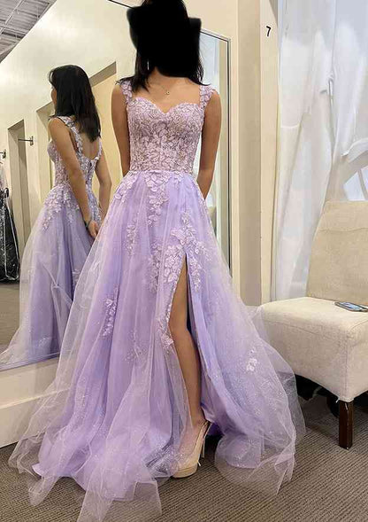 A-line Sweetheart Sleeveless Long/Floor-Length Tulle Glitter Prom Dress