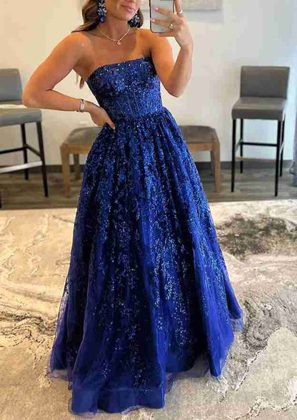 Strapless Long/Floor-Length Lace Prom Dress With Pockets Special Occasion Dresses