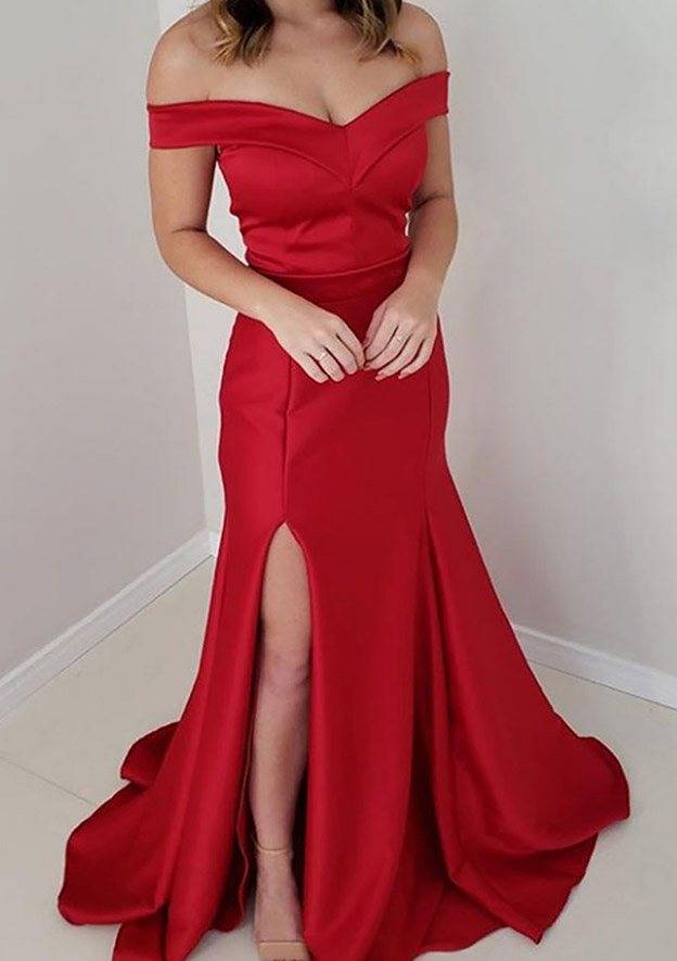 Off-the-Shoulder Sleeveless Satin Long/Floor-Length Prom Dress