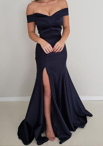 Off-the-Shoulder Sleeveless Satin Long/Floor-Length Prom Dress