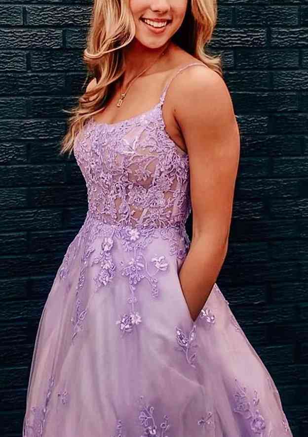 Square Neckline Sleeveless Tulle Sweep Train Prom Dress With Appliqued Lace