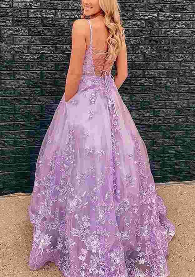 Square Neckline Sleeveless Tulle Sweep Train Prom Dress With Appliqued Lace