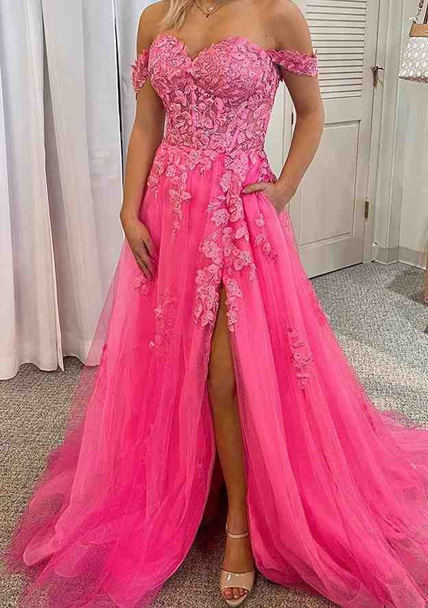 Off-the-Shoulder Sleeveless Court Train Lace Tulle Prom Dress With Beading Pockets Split