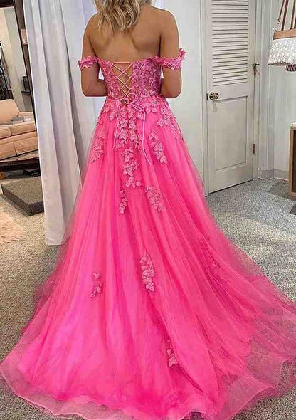 Off-the-Shoulder Sleeveless Court Train Lace Tulle Prom Dress With Beading Pockets Split