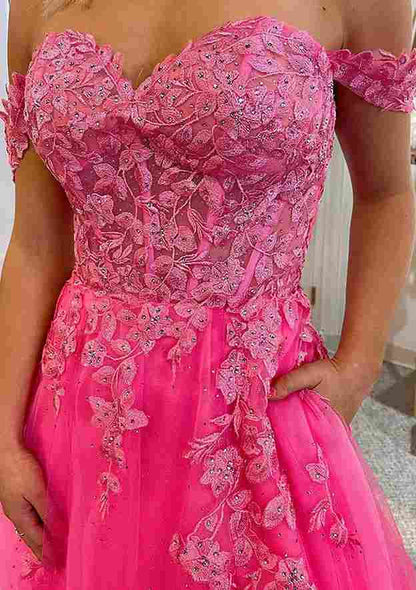 Off-the-Shoulder Sleeveless Court Train Lace Tulle Prom Dress With Beading Pockets Split