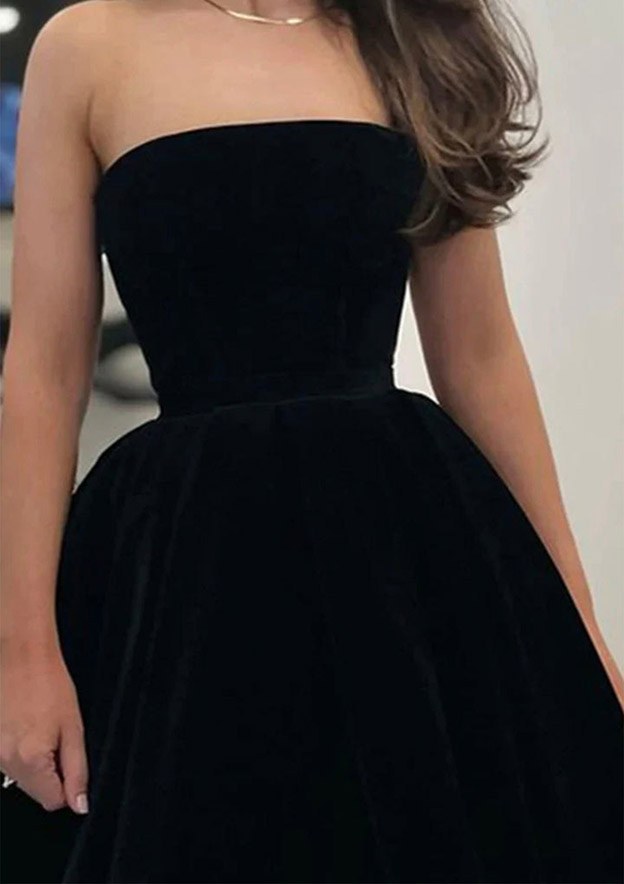 Bateau Strapless Tea-Length Velvet Prom Dress