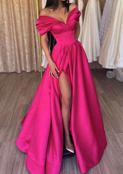 Off-the-Shoulder Short Sleeve Satin Long/Floor-Length Prom Dress With Ruffles Split