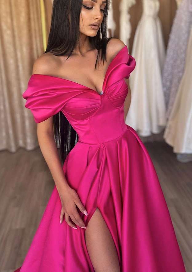 Off-the-Shoulder Short Sleeve Satin Long/Floor-Length Prom Dress With Ruffles Split