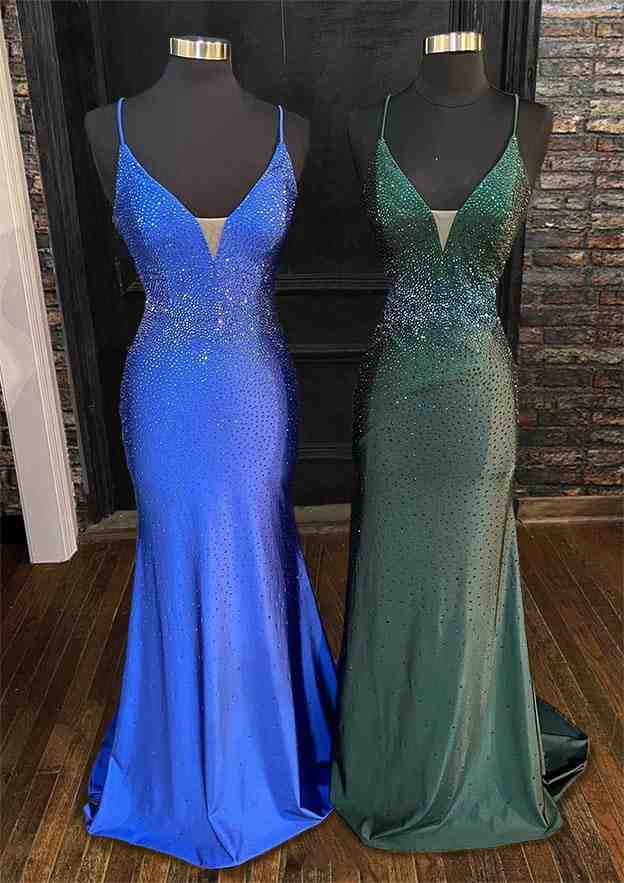 V Neck Spaghetti Straps Sweep Train Jersey Prom Dress With Beading