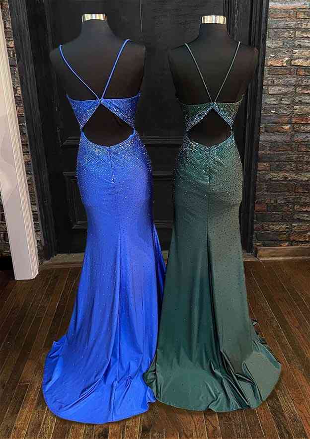 V Neck Spaghetti Straps Sweep Train Jersey Prom Dress With Beading