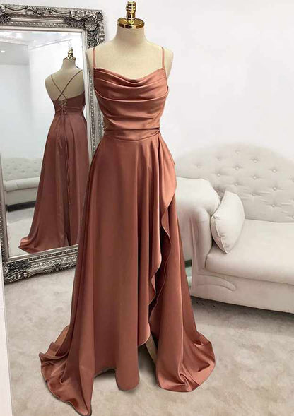 A-line Bateau Spaghetti Straps Long/Floor-Length Satin Prom Dress